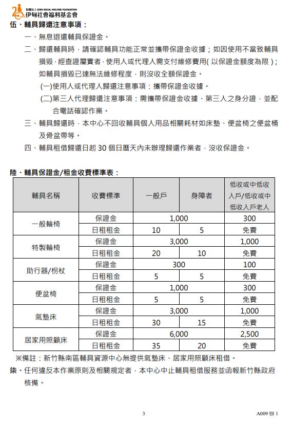 伍、輔具歸還注意事項/陸、輔具保證金/租金收費標準表/柒、任何違反本作業原則及相關規定者，本中心中止輔具租借服務並函報新竹縣政府 核備